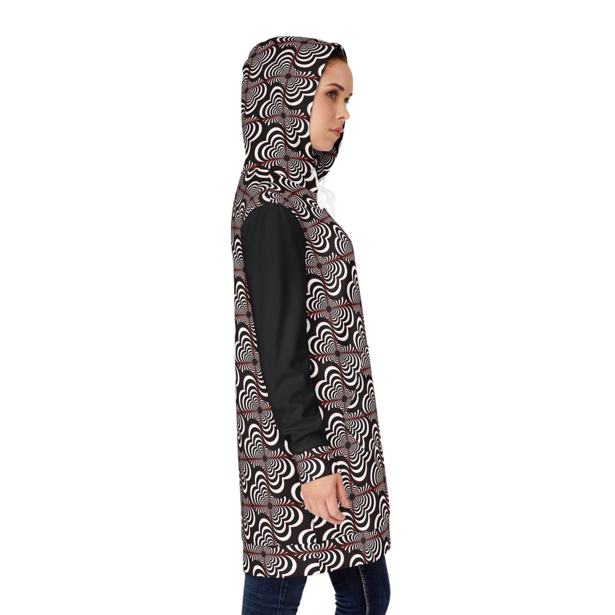 Geometric Wave Hoodie Dress — Black & White All-Over Print
