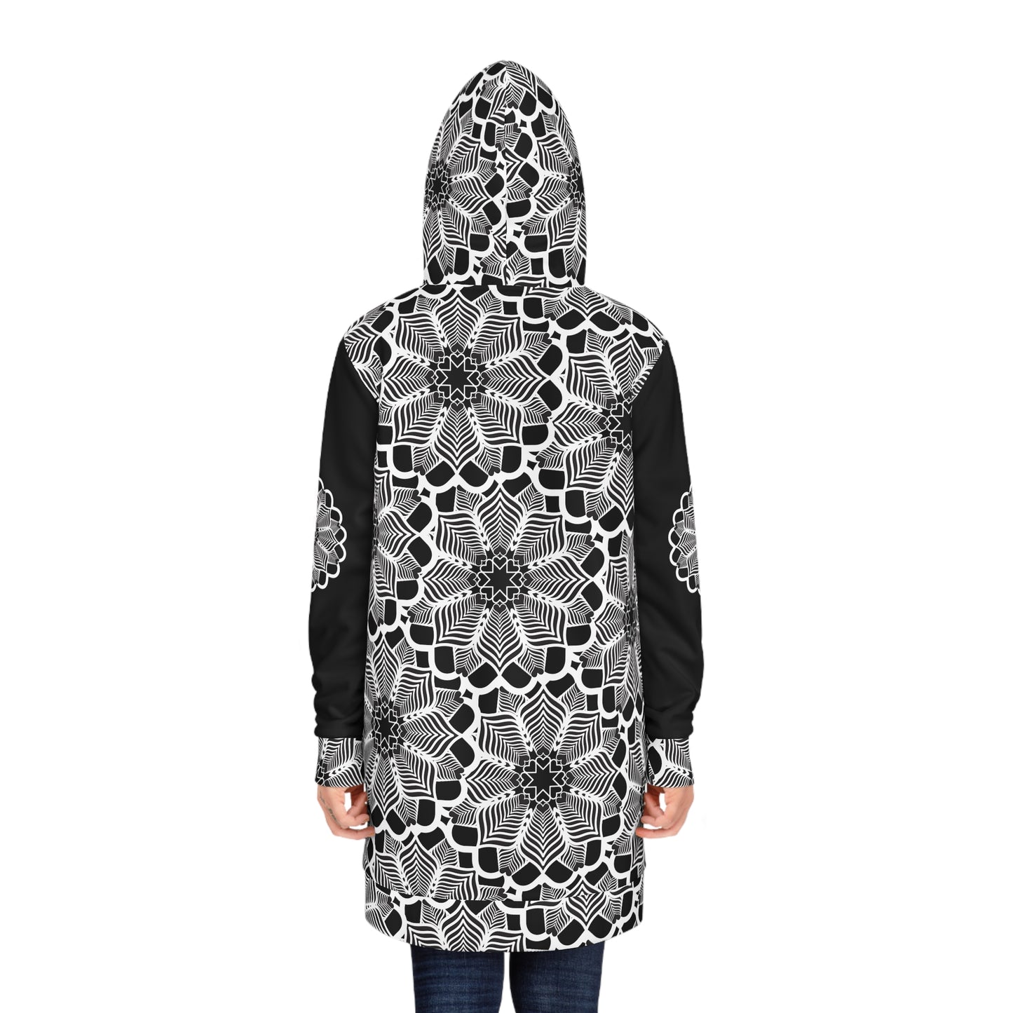 Black & White Floral Hoodie Dress — Monochrome Mandala Pattern