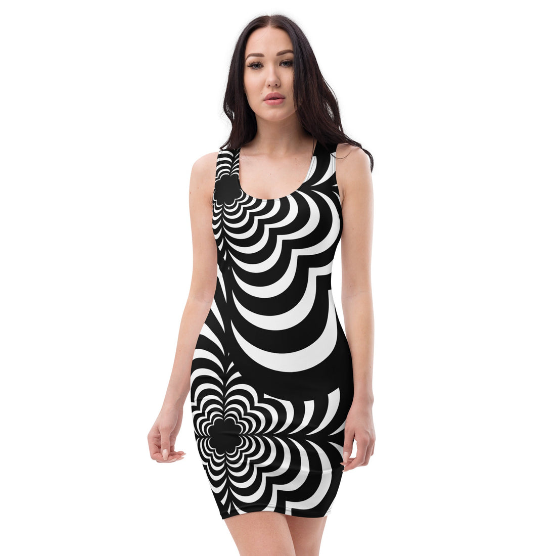 the original design that inspired the whole brand movement around it is here on a body con dress modeled by a woman