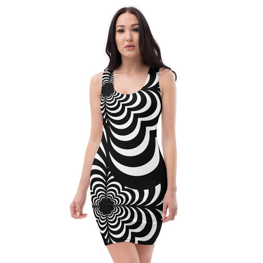 the original design that inspired the whole brand movement around it is here on a body con dress modeled by a woman