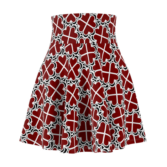 Red Heart Flower Pattern Skater Skirt — Floral Geometric Casual Summer