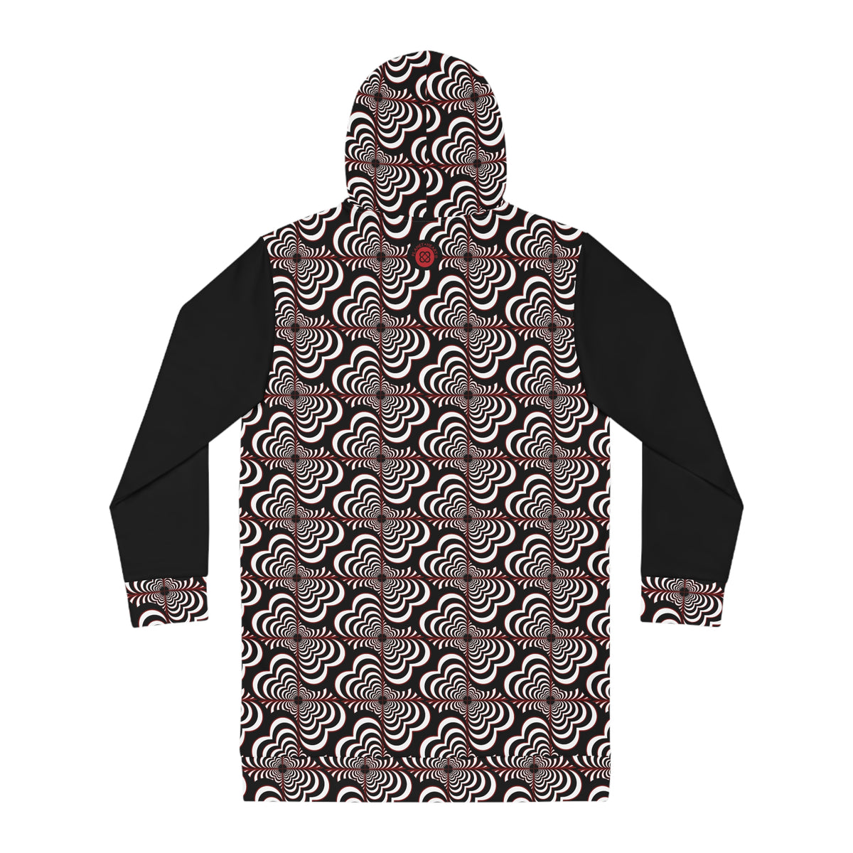 Geometric Wave Hoodie Dress — Black & White All-Over Print