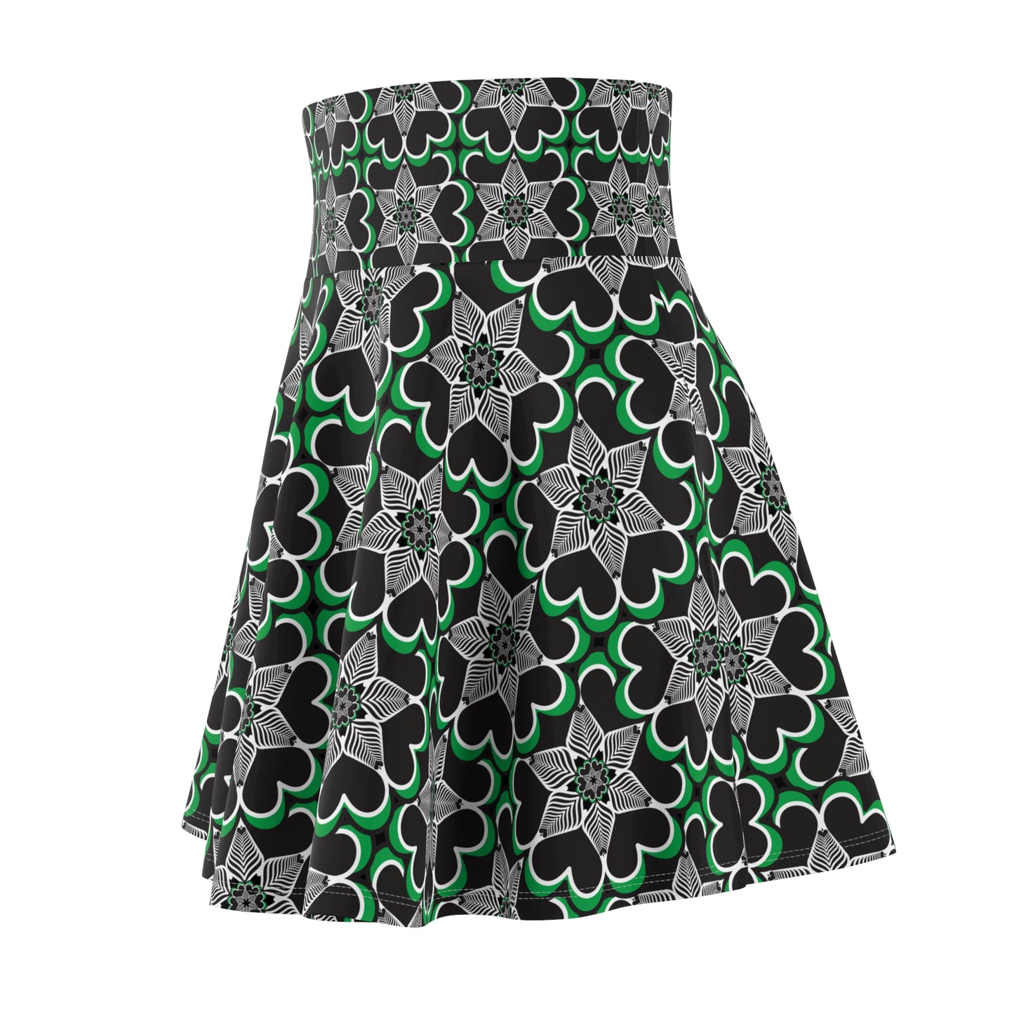 Green & Black Kaleidoscope Skater Skirt — Floral Geometric AOP