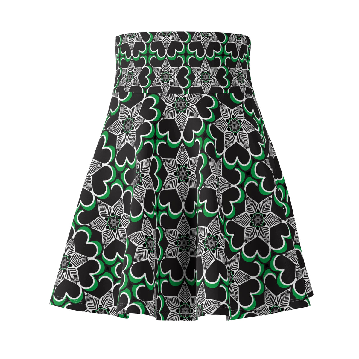 Green & Black Kaleidoscope Skater Skirt — Floral Geometric AOP
