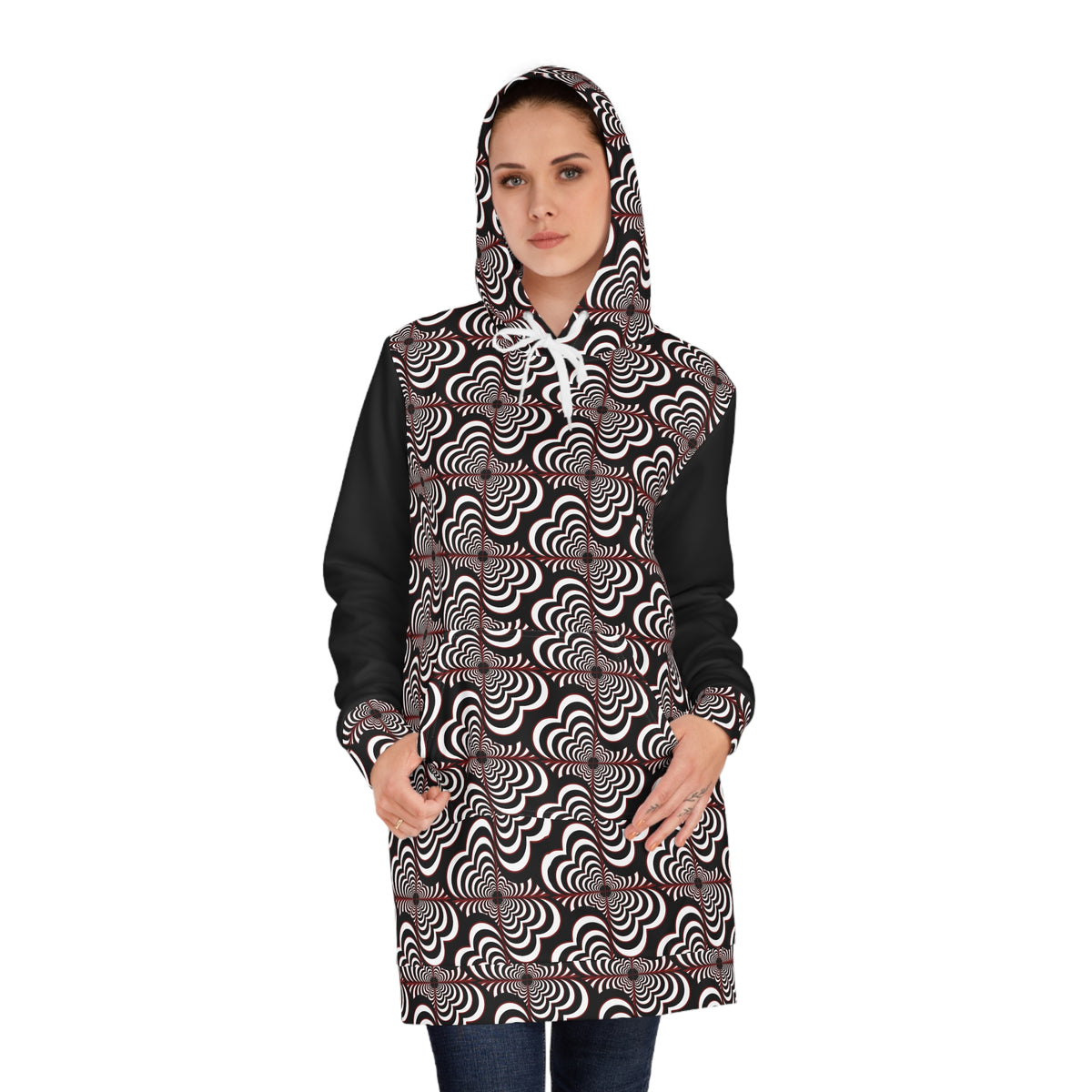 Geometric Wave Hoodie Dress — Black & White All-Over Print