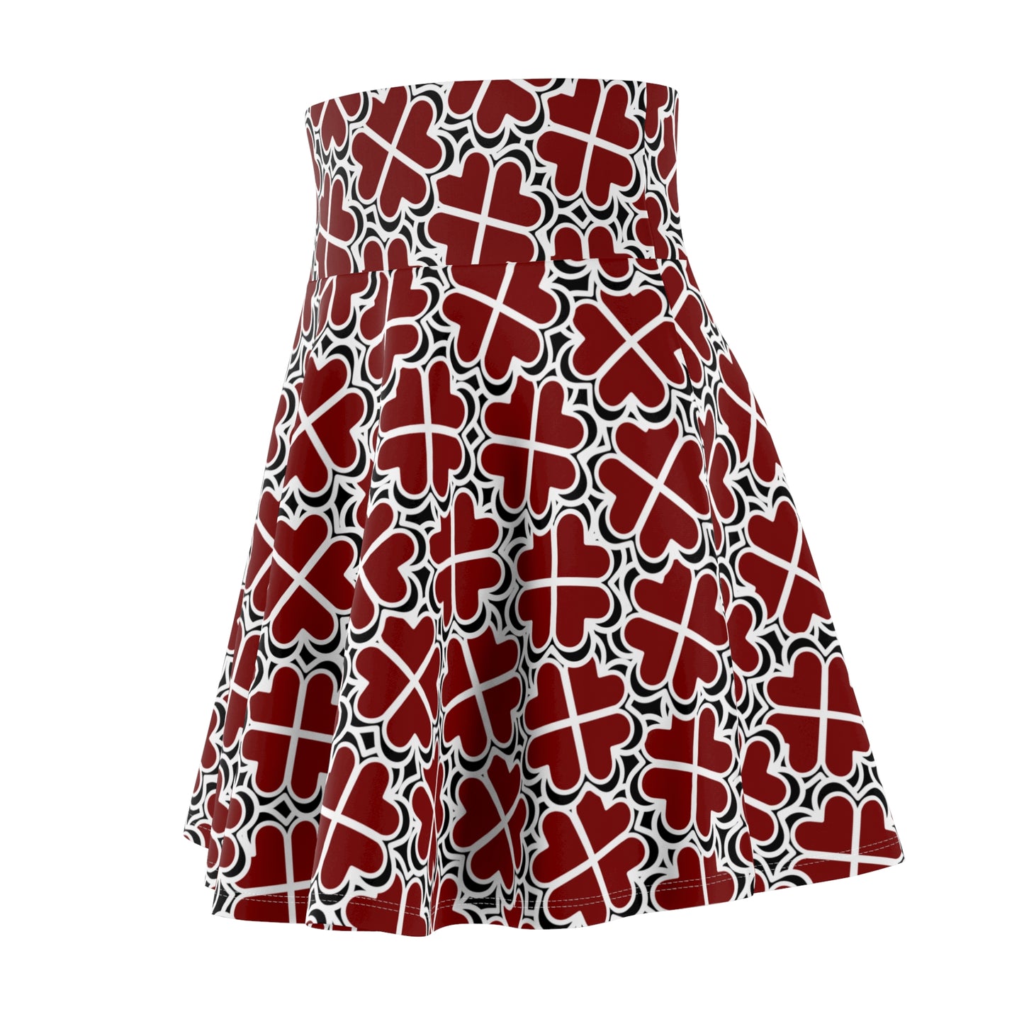 Red Heart Flower Pattern Skater Skirt — Floral Geometric Casual Summer