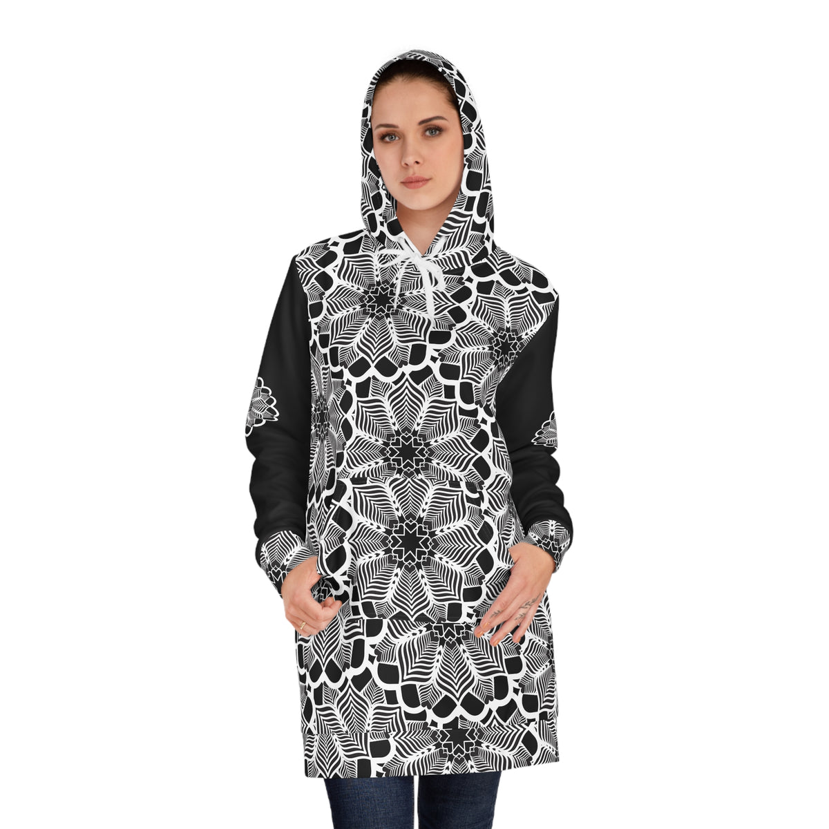 Black & White Floral Hoodie Dress — Monochrome Mandala Pattern