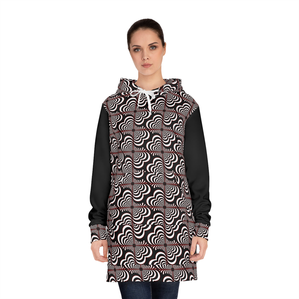 Geometric Wave Hoodie Dress — Black & White All-Over Print