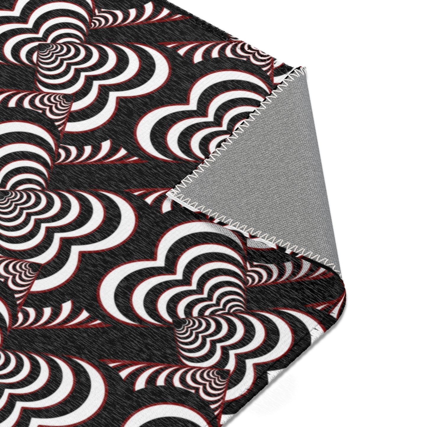 Retro Optical Wave Area Rug — Black, White & Red Geometric Pattern