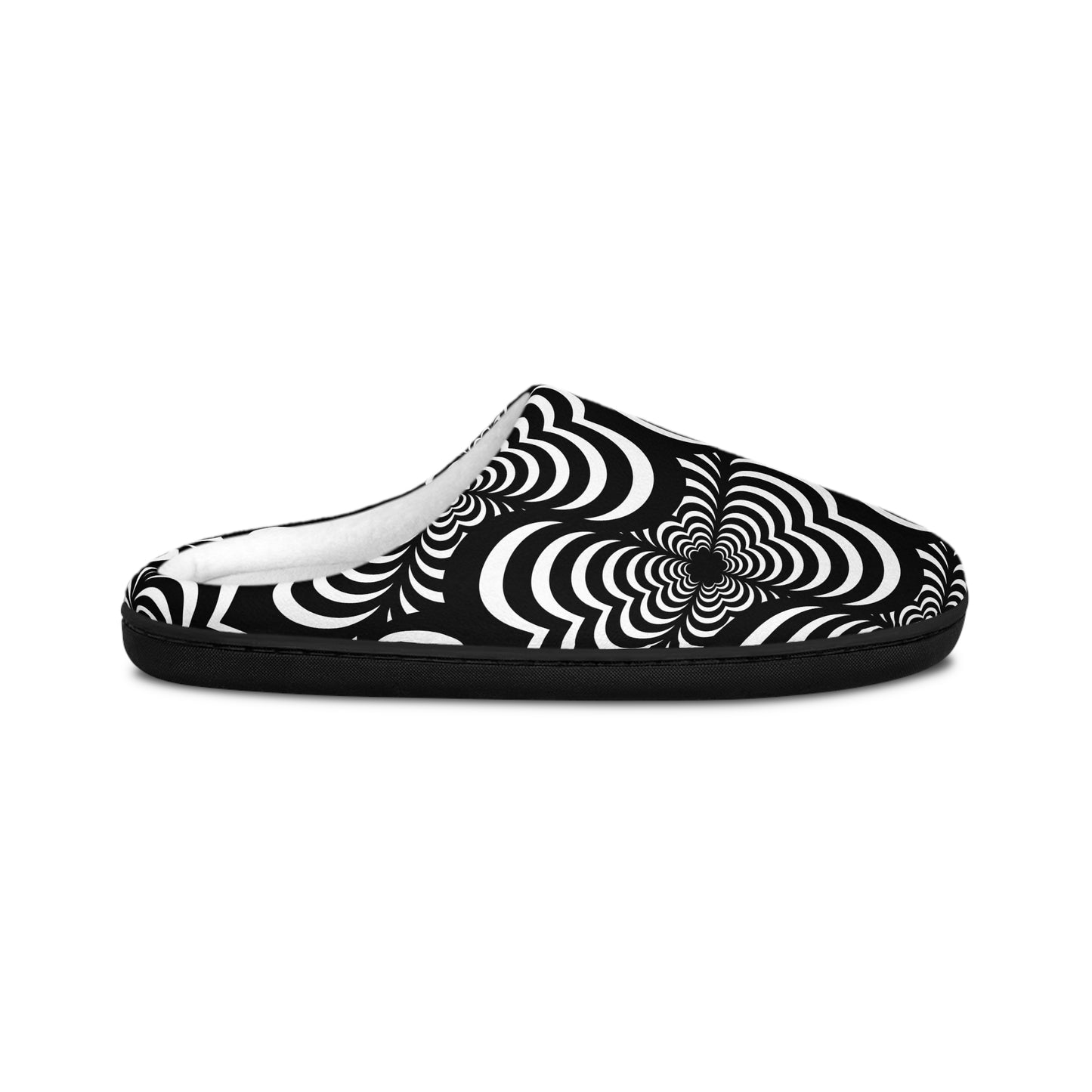 Zebra Love (TM) Women's Indoor Slippers — Black & White Psychedelic Swirl Cozy Slip-Ons