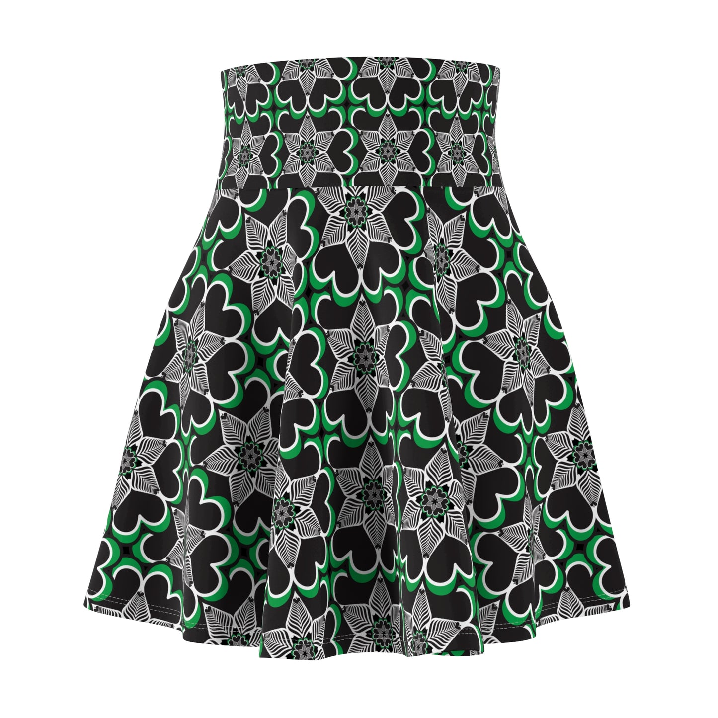 Green & Black Kaleidoscope Skater Skirt — Floral Geometric AOP
