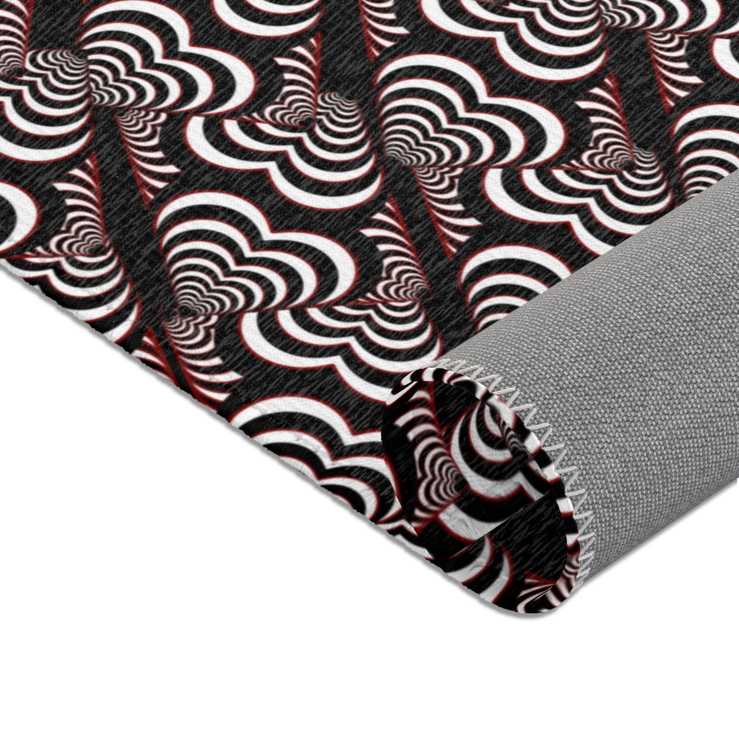 Retro Optical Wave Area Rug — Black, White & Red Geometric Pattern