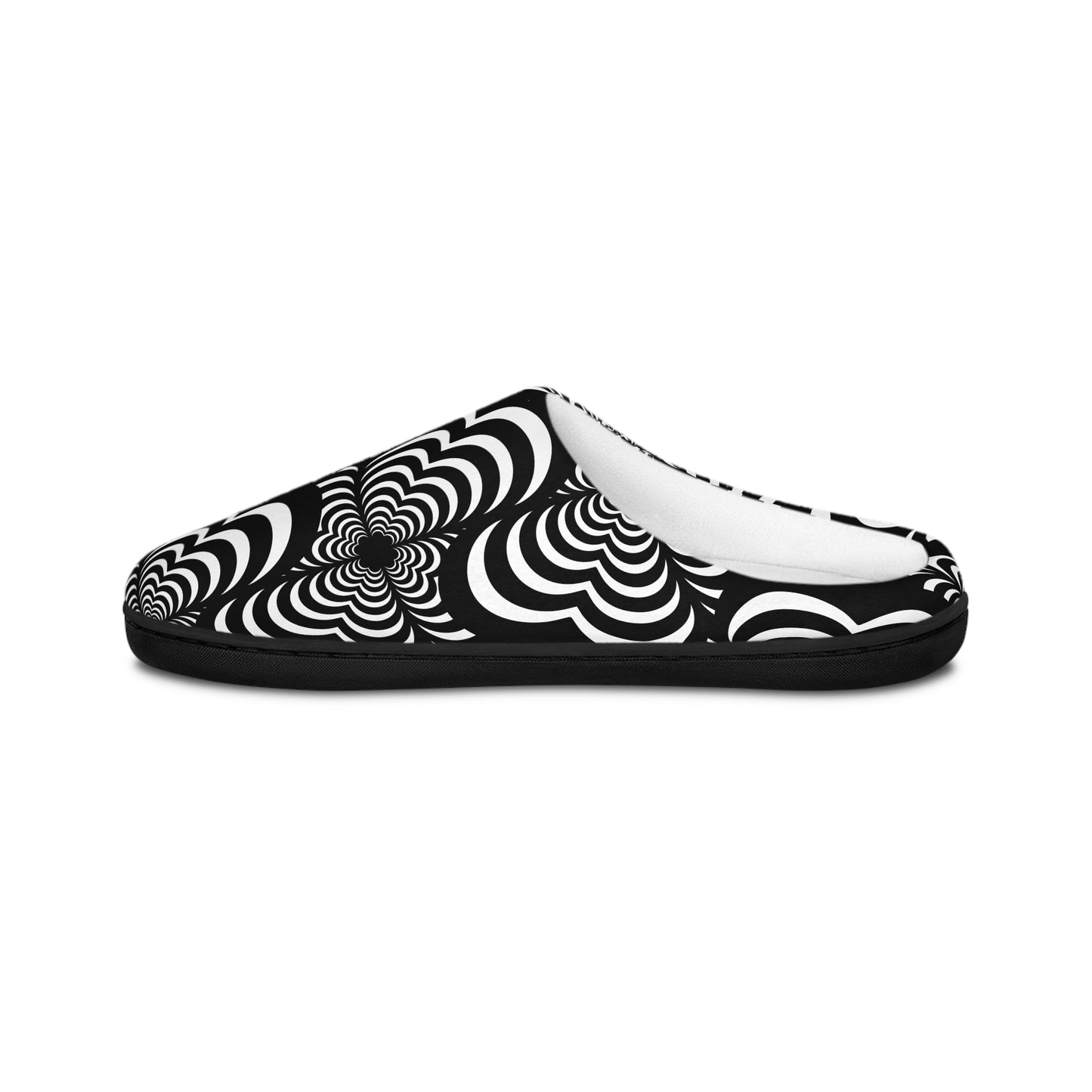 Zebra Love (TM) Women's Indoor Slippers — Black & White Psychedelic Swirl Cozy Slip-Ons
