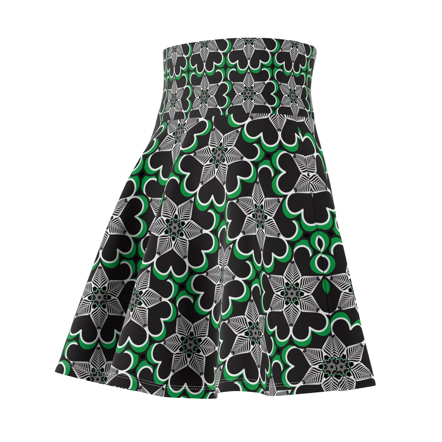 Green & Black Kaleidoscope Skater Skirt — Floral Geometric AOP