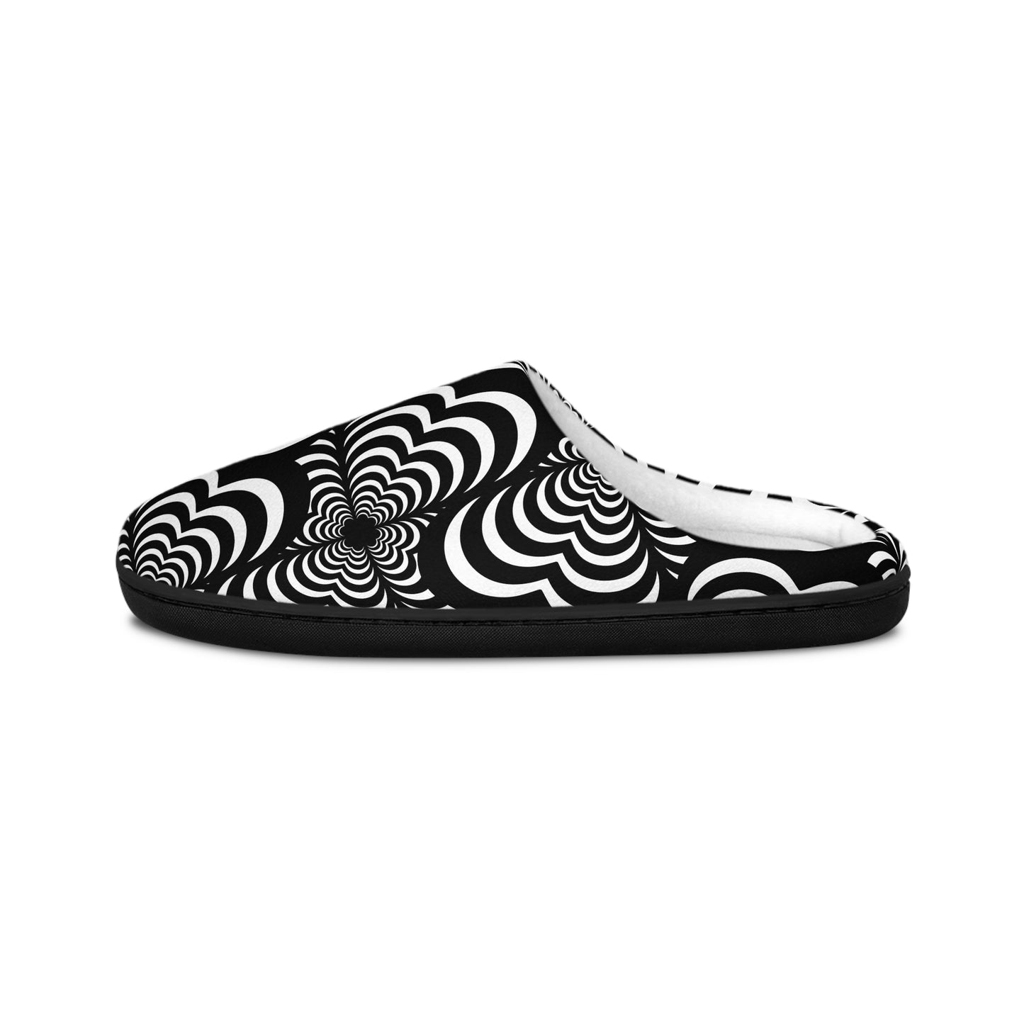 Zebra Love (TM) Women's Indoor Slippers — Black & White Psychedelic Swirl Cozy Slip-Ons