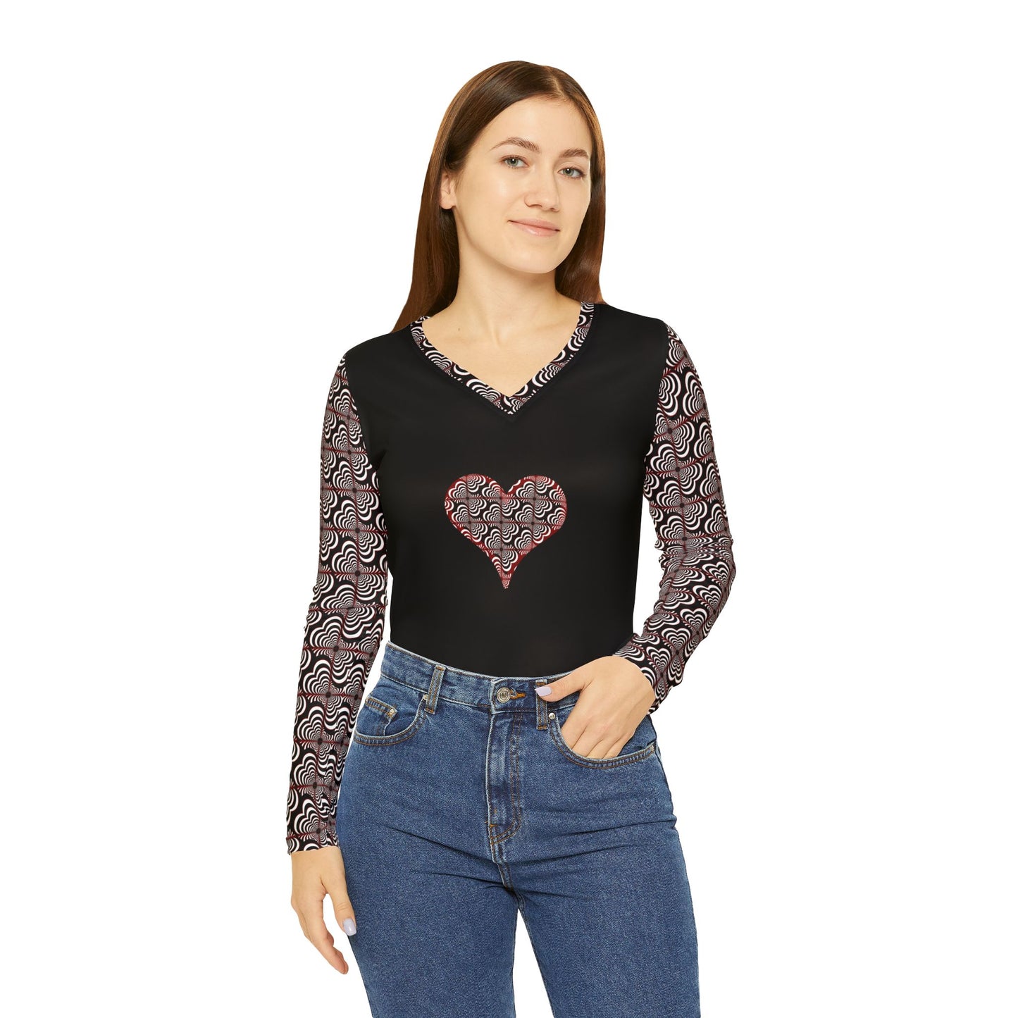 Women's V-Neck Long Sleeve Shirt — Zebra Love (TM) Heart