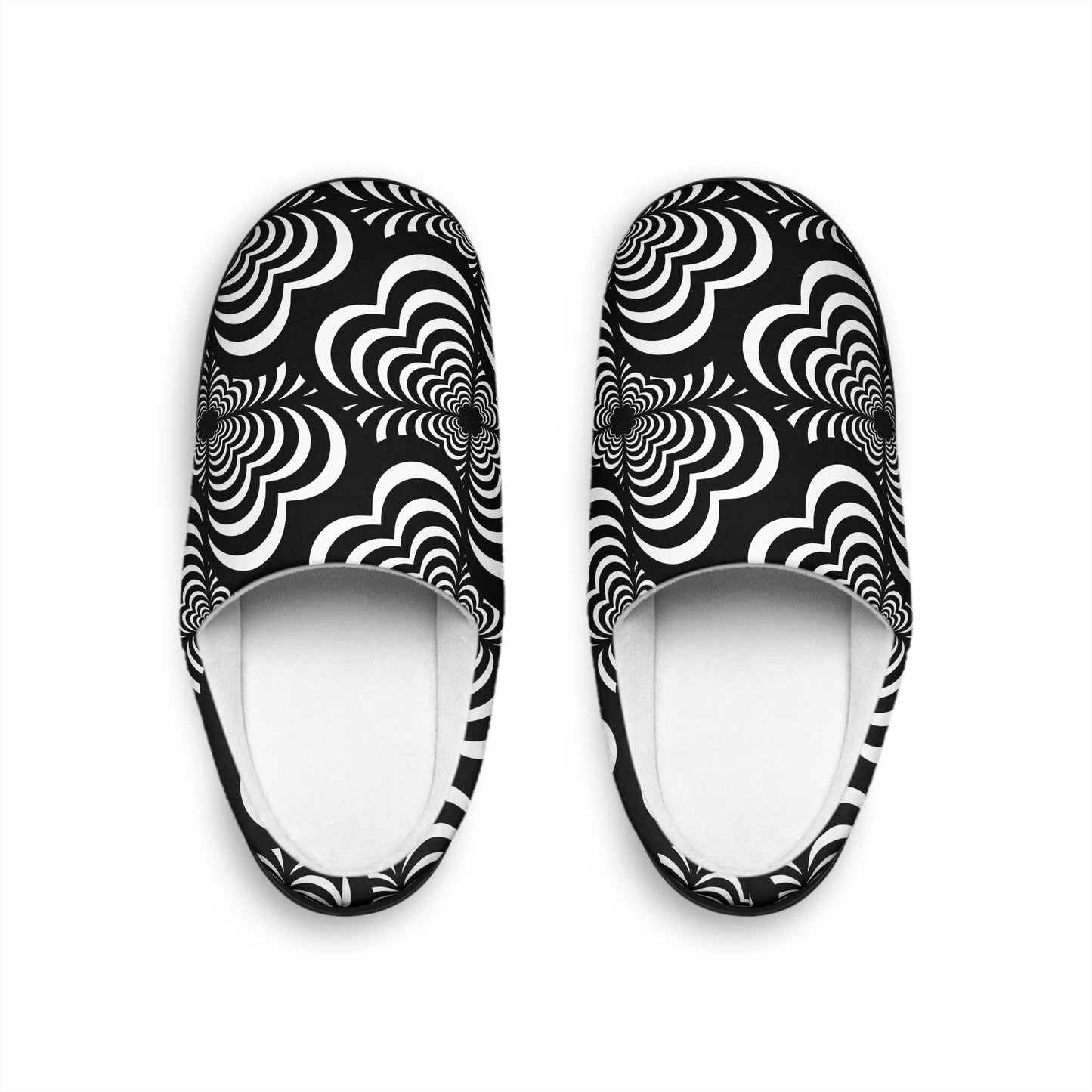 Zebra Love (TM) Women's Indoor Slippers — Black & White Psychedelic Swirl Cozy Slip-Ons