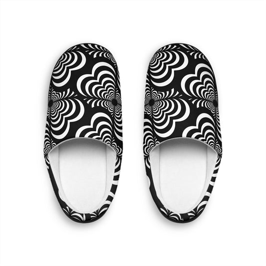 Zebra Love (TM) Women's Indoor Slippers — Black & White Psychedelic Swirl Cozy Slip-Ons