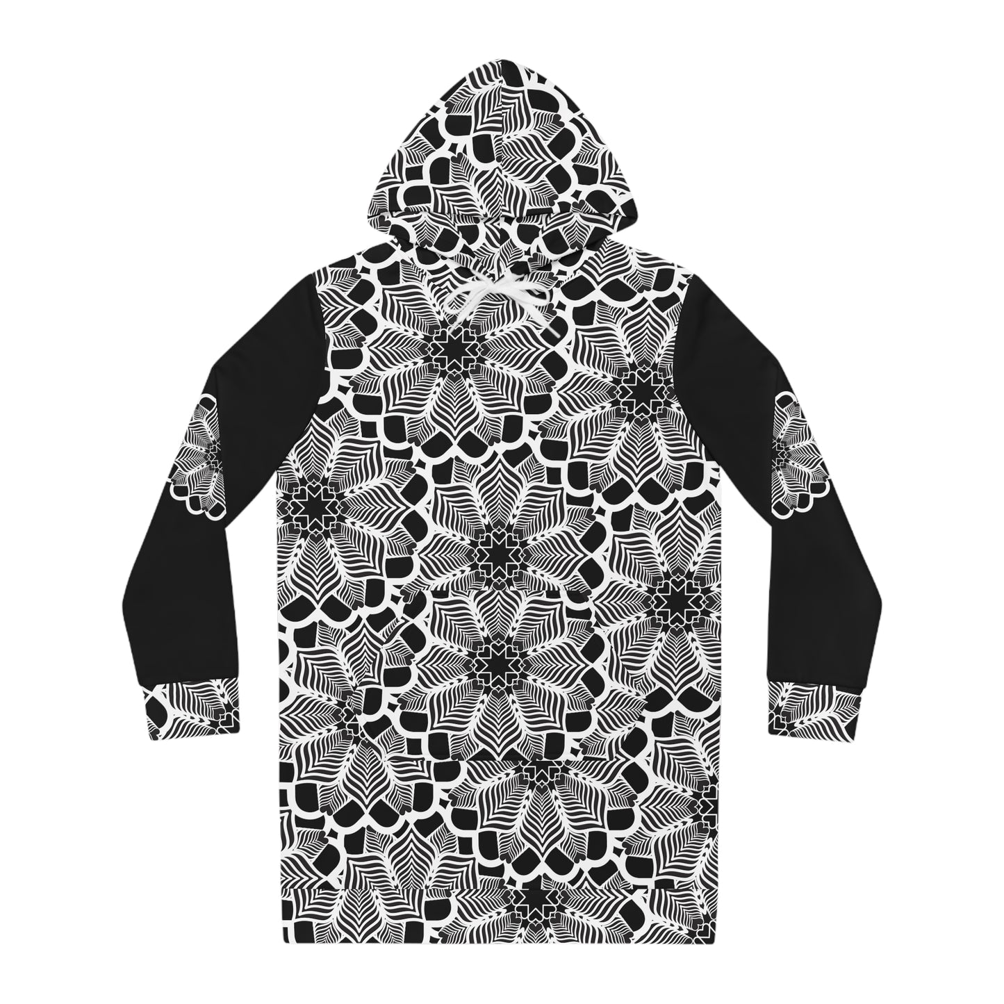 Black & White Floral Hoodie Dress — Monochrome Mandala Pattern