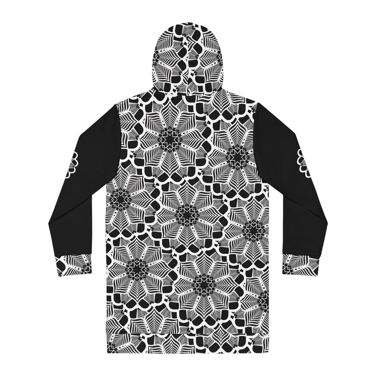 Black & White Floral Hoodie Dress — Monochrome Mandala Pattern