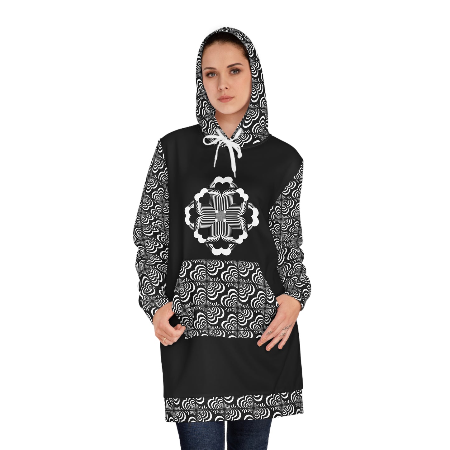 Zebra Love ™  Hoodie Dress —Black & White, plus Mandala on front