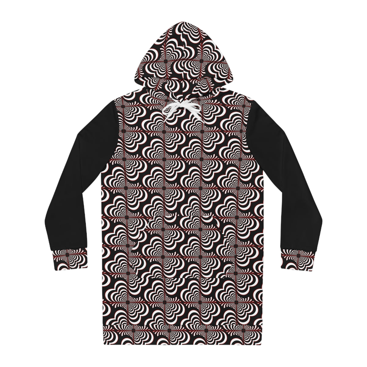 Geometric Wave Hoodie Dress — Black & White All-Over Print