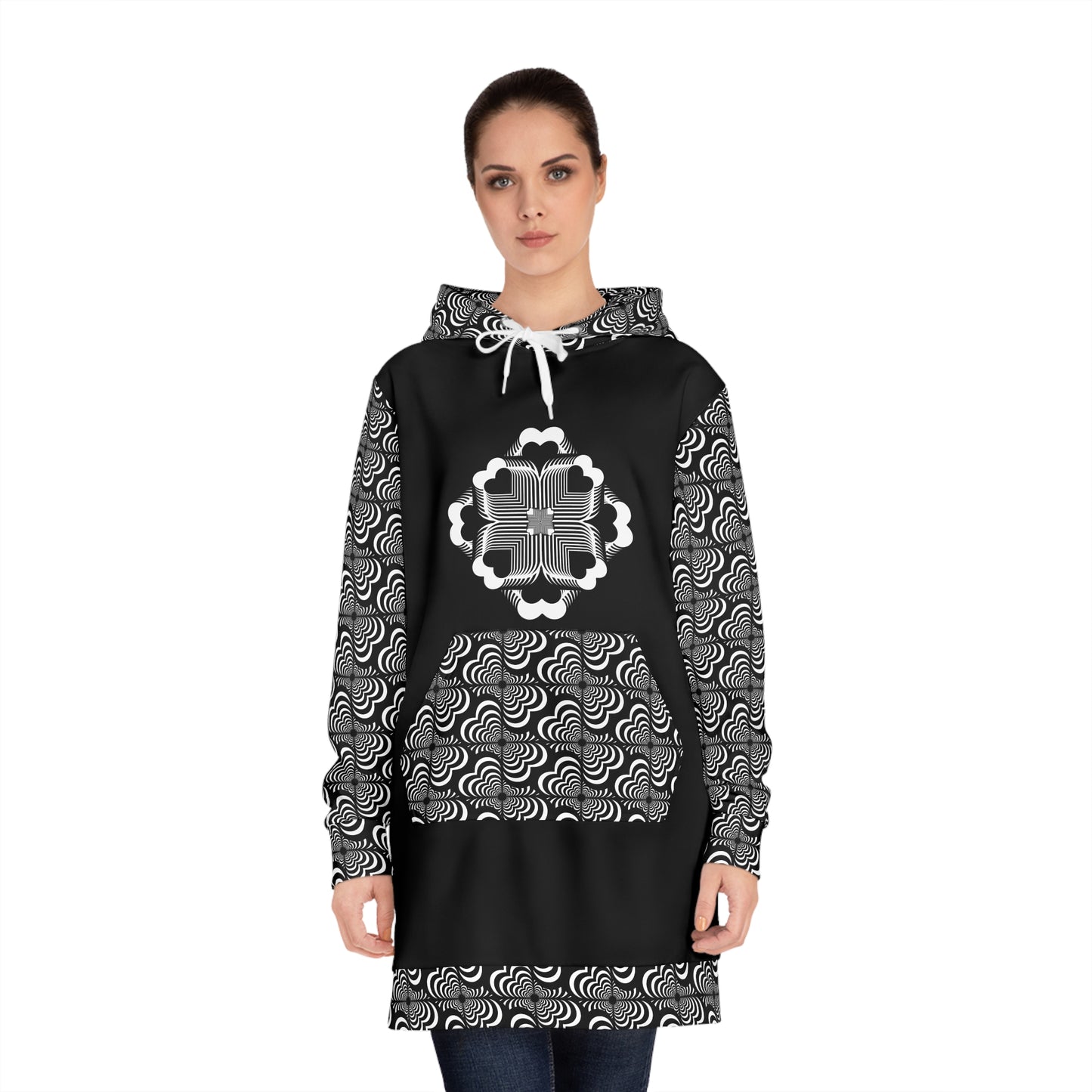 Zebra Love ™  Hoodie Dress —Black & White, plus Mandala on front