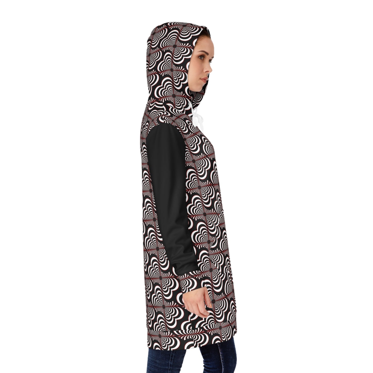 Geometric Wave Hoodie Dress — Black & White All-Over Print
