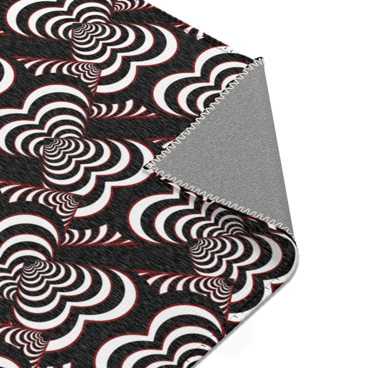 Retro Optical Wave Area Rug — Black, White & Red Geometric Pattern