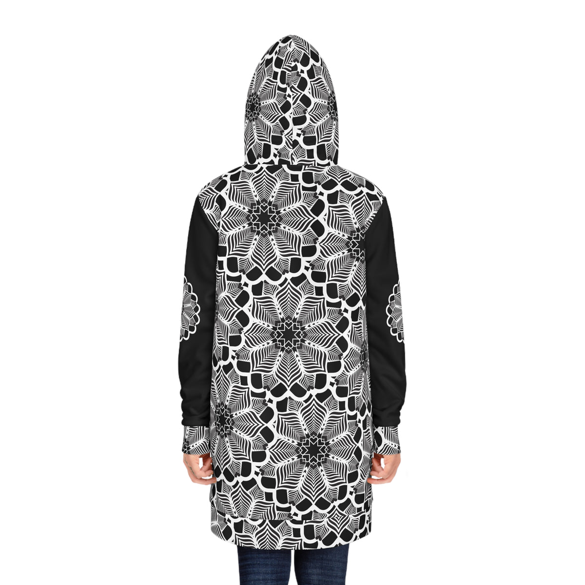 Black & White Floral Hoodie Dress — Monochrome Mandala Pattern