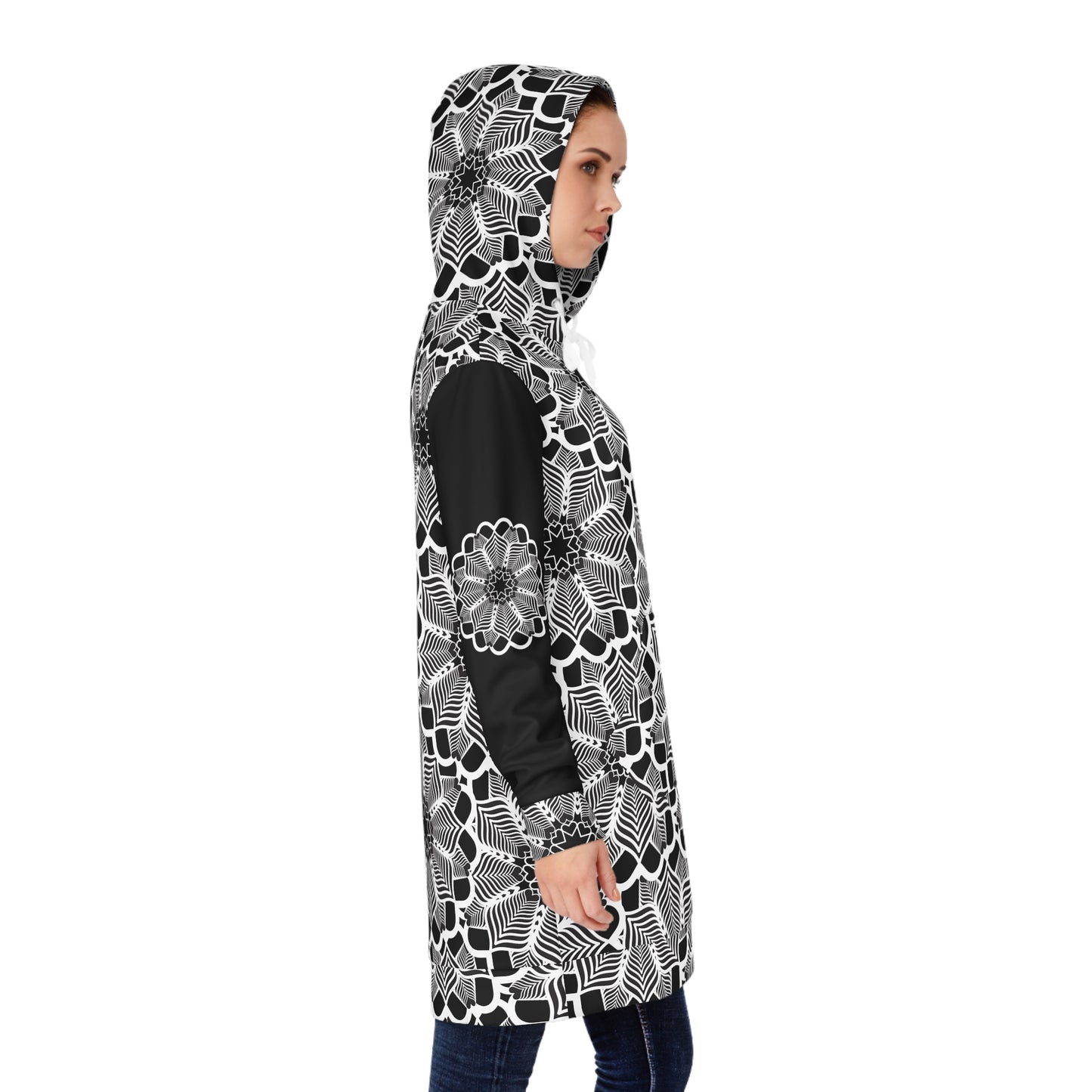Black & White Floral Hoodie Dress — Monochrome Mandala Pattern