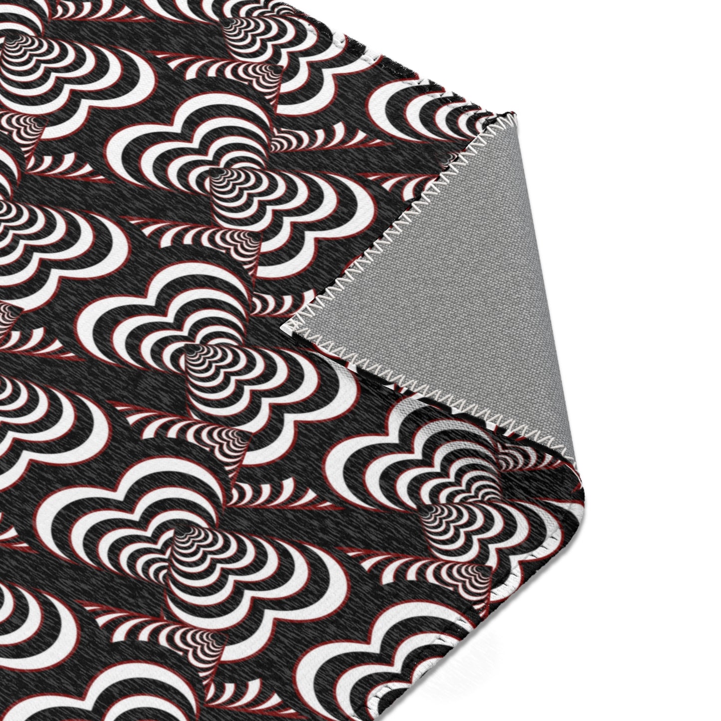 Retro Optical Wave Area Rug — Black, White & Red Geometric Pattern