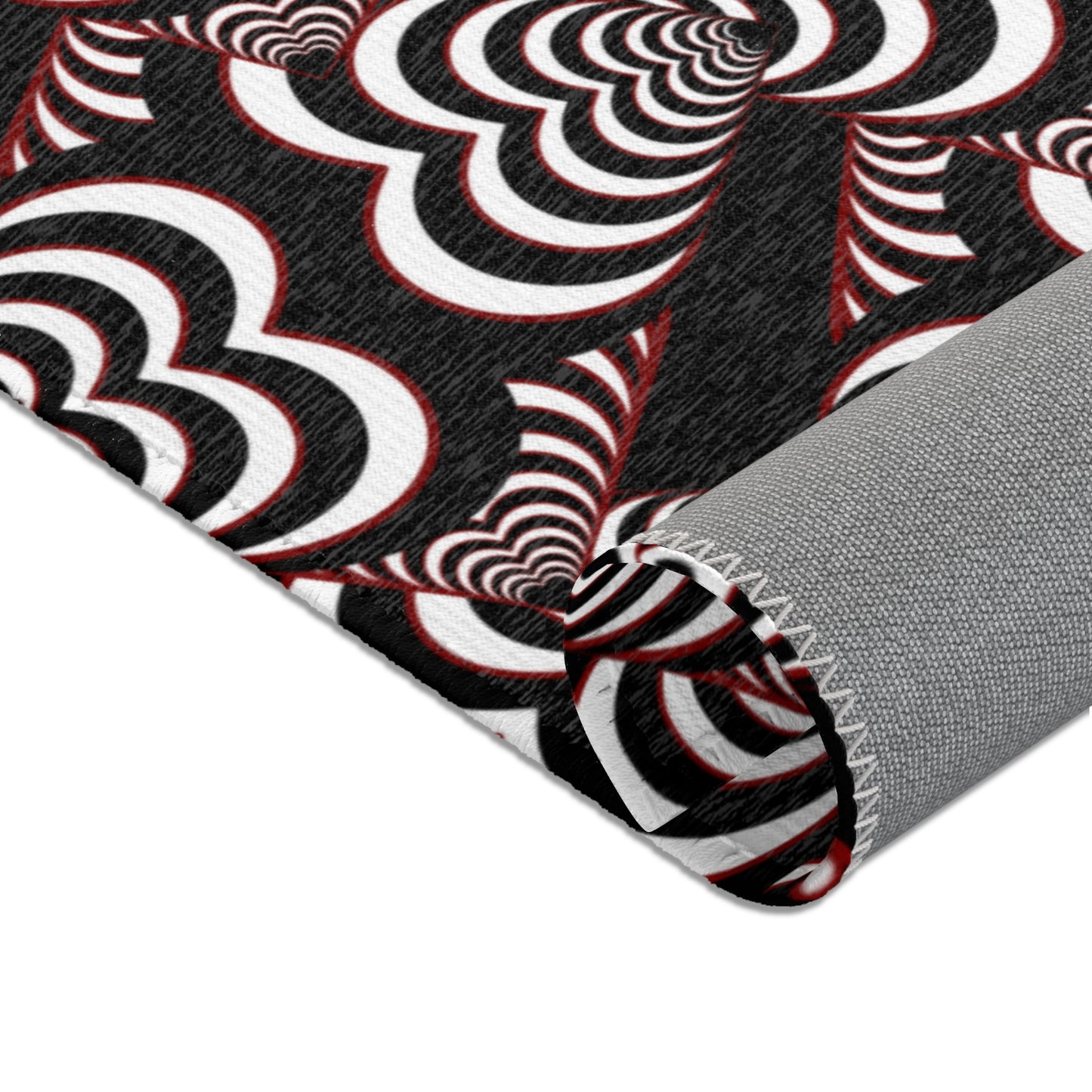 Retro Optical Wave Area Rug — Black, White & Red Geometric Pattern