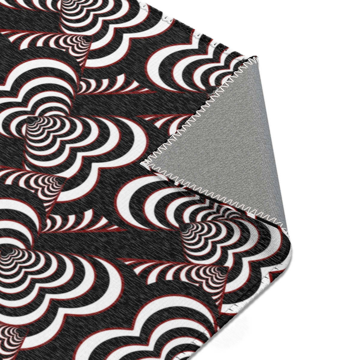 Retro Optical Wave Area Rug — Black, White & Red Geometric Pattern