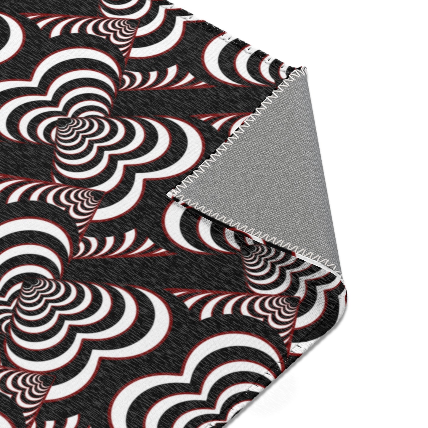 Retro Optical Wave Area Rug — Black, White & Red Geometric Pattern