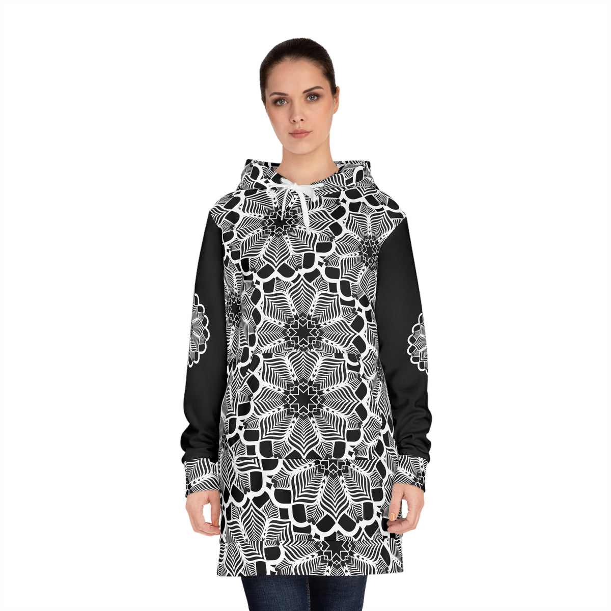 Black & White Floral Hoodie Dress — Monochrome Mandala Pattern