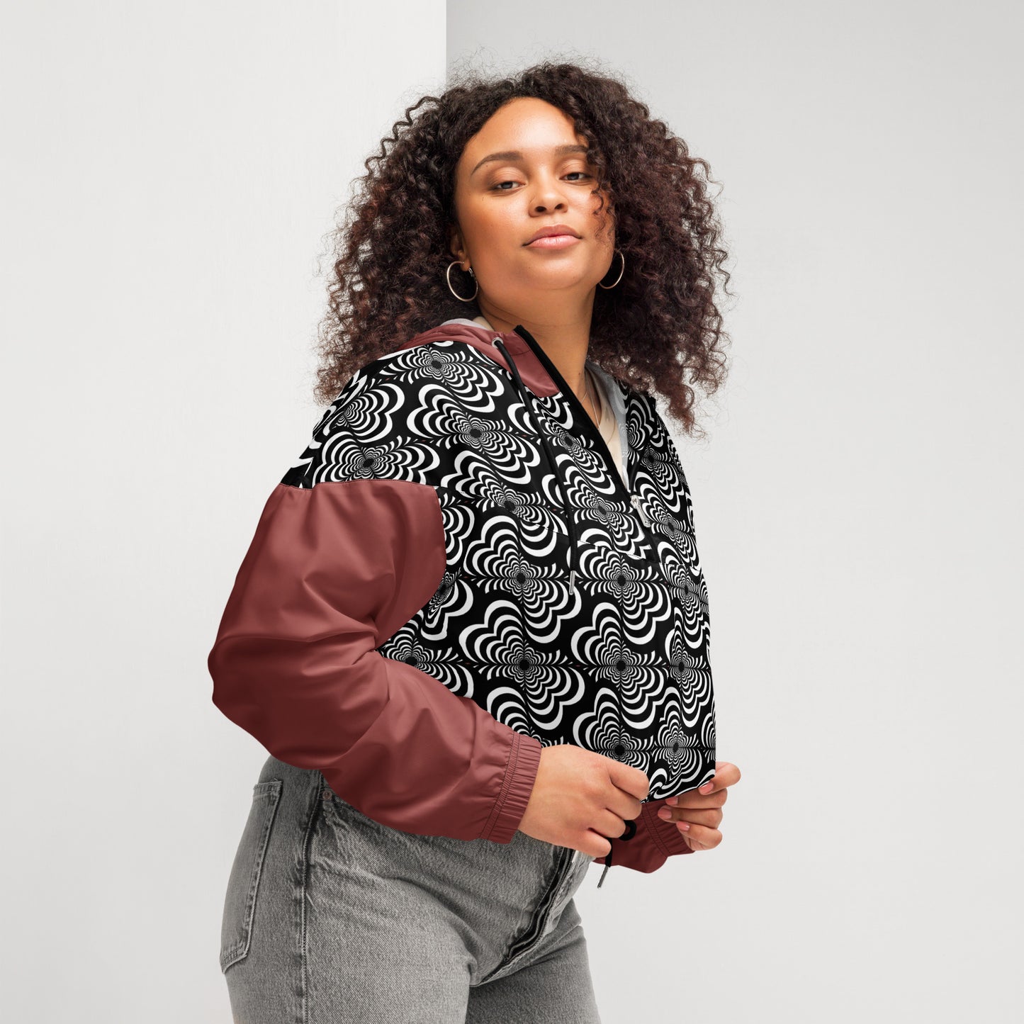 Zebra Love (TM) Women’s cropped windbreaker top with brown sleeves